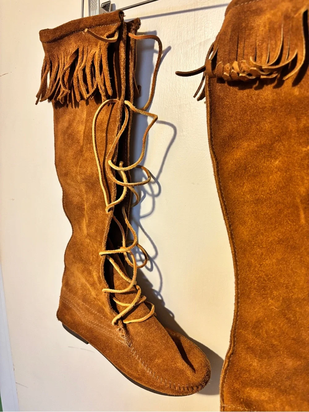 Minnetonka Chestnut Suede Fringe Lace-Up Over-The-Knee Boots